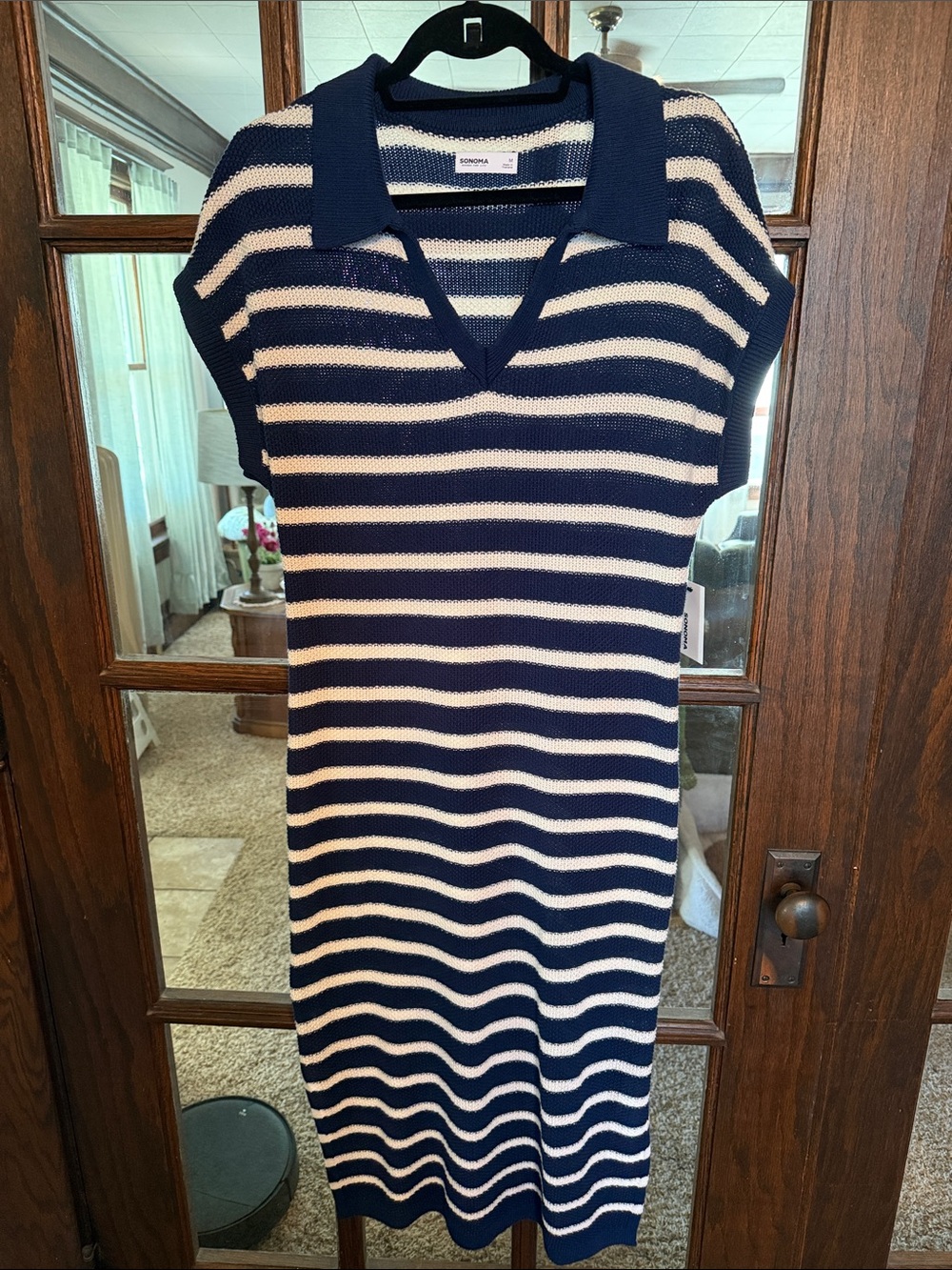 Sonoma Goods For Life Navy White Striped‎ Polo Knit Midi Sweater Dress Womens M